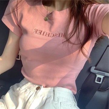 ✨高品質✨批發夏季新款韓版字母刺繡修身短袖T恤女學生上衣外貿女裝潮