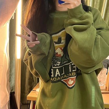 秋冬牛油果色加厚加絨衛衣銀狐絨重磅美式復古辣妹風上衣圓領大碼