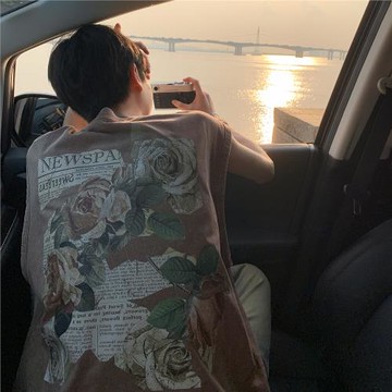 純棉運動背心男款美式復古潮牌印花無袖t恤夏季薄款坎肩上衣汗衫