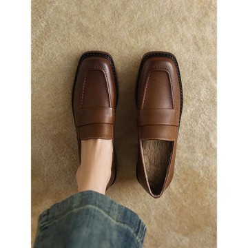 英倫風高跟鞋方頭單鞋女秋季平底粗跟復古棕色小皮鞋真皮樂福鞋女