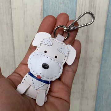 療癒小物 白色 可愛 雪納瑞 純手工縫製 皮革 鑰匙扣 小尺寸