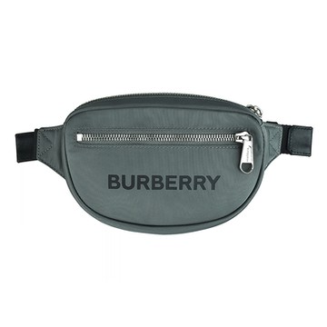 BURBERRY 巴寶莉 英文燙印黑字LOGO精緻尼龍拉鍊胸掛/腰包(灰)