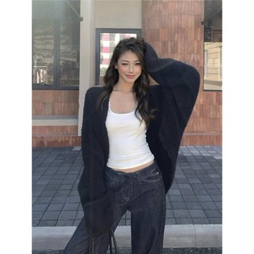 云朵圈圈紗 黑色蝙蝠袖毛衣女軟糯極簡風寬松慵懶感顯瘦開衫外套