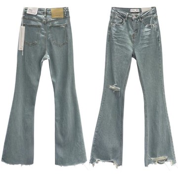 自留！花匣子flower高腰磨破洞牛仔褲 彈力顯瘦修身喇叭褲女62062