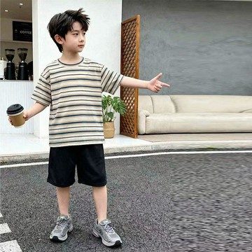 臺灣出貨 兒童夏季運動短袖休閒洋氣帥中大童潮時尚套裝條紋兩件套短褲男孩童裝男童運動男童套裝兒童夏季套裝