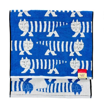 日本丸真 LISA LARSON 北歐瑞典設計風浴巾 交錯貓咪 藍_廠商直送