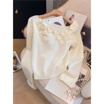 立體玫瑰花白色針織衫2025早季新款修身露肩高級長袖百搭短款上衣