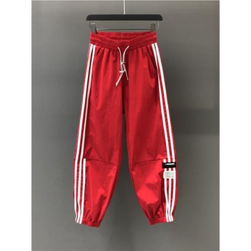 紅色運動褲高腰個性條紋休閑褲歐貨女春夏新款時尚寬松束腳哈倫褲