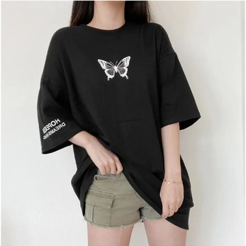 Vuja de 純棉 t恤 短袖上衣女 蝴蝶印花 T恤 韓國上衣 oversize T恤 潮流衣服 寬鬆上衣 ins風
