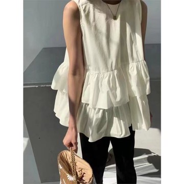 跨境外貿日系甜美無袖荷葉邊背心襯衫女系帶蓬蓬A字娃娃衫上衣夏
