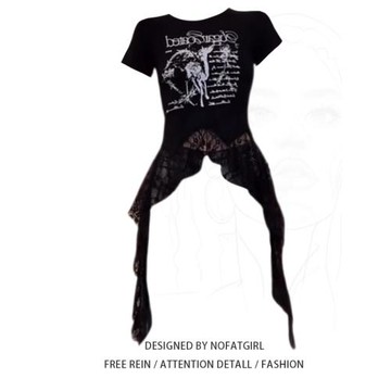 大碼胖MM甜酷辣妹黑色字母印花短袖t恤女夏季不規則蕾絲拼接上衣