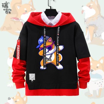 日系柴犬Q版可愛卡通開心打游戲假兩件連帽衛衣男女兒童學生外套