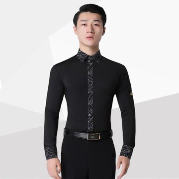 丹寶羅摩登舞襯衫男成年拉丁舞長袖練功服黑色國標舞上衣表演服裝