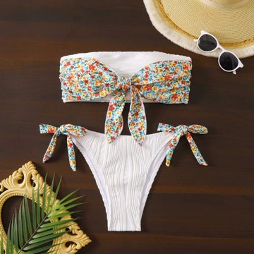 胸前蝴蝶結抹胸比基尼外貿性感辣妹游泳衣溫泉分體泳裝顯瘦bikini