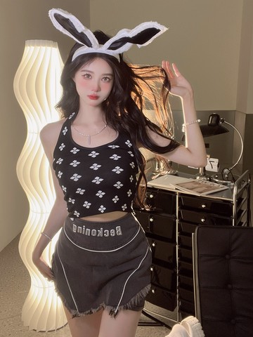 性感辣妹提花露背掛脖吊帶背心女夏季設計感不規則牛仔裙褲兩件套