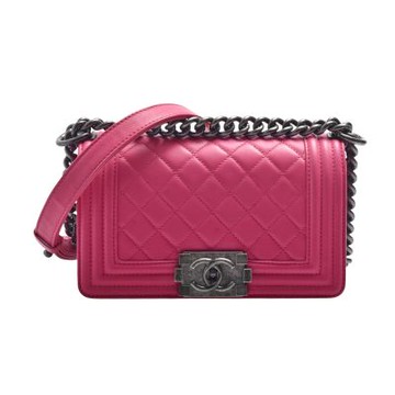 CHANEL 經典BOY系列小羊皮金屬釦霧銀鏈肩背/斜背包(展示品-20CM桃紅色)