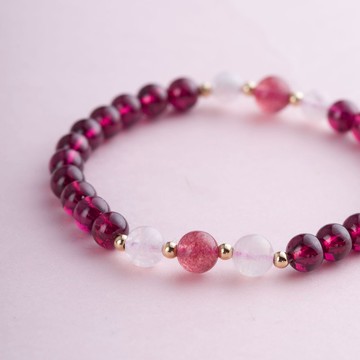 石榴石手鍊 | 紫牙烏草莓晶月光石14K包金|天然水晶手鏈客製禮物