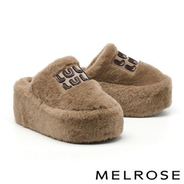 穆勒鞋 MELROSE 美樂斯 可愛慵懶字母毛毛厚底穆勒拖鞋－可可