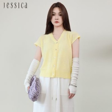 JESSICA - 簡約百搭V領紐扣短袖針織上衣J53409（黃）