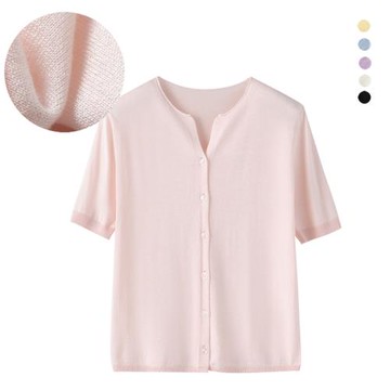 優雅時尚感純色短袖針織衫小V領簡約桑蠶絲羊毛短袖開衫空調衫薄