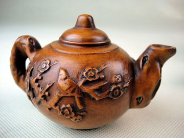 黃楊木雕件 喜鵲登梅小茶壺雕件 茶室茶寵雕刻工藝品擺件