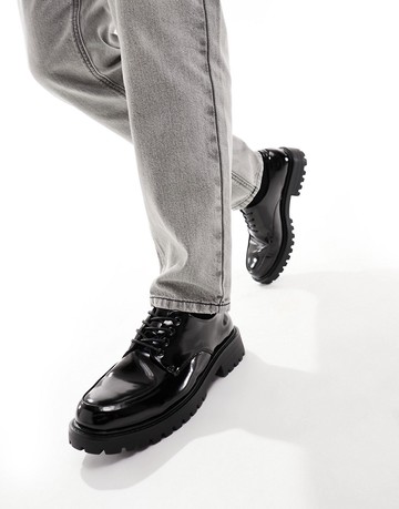 Truffle Collection chunky square toe lace up shoes in black patent