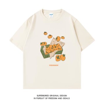 文藝復古風柿子印花純棉短袖T恤男ins港風潮牌夏季情侶裝寬松上衣