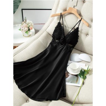 帶胸墊新款雪紡吊帶睡裙女士春夏季露背蕾絲深V冰絲緞面性感睡衣