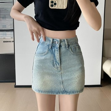 爆款直降價 牛仔短裙 A字短裙 短裙 燙鑽牛仔半身裙女2024夏季新款韓版高腰修身復古做舊水洗A字短裙