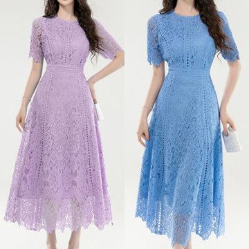 [米蘭精品] 現貨+預購 女長洋裝長裙高級短洋裝法式連身裙蕾絲連衣裙-短袖收腰修身女裙子3色74lu14