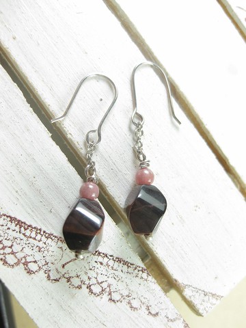 純銀設計耳環 玫瑰石+紅虎眼石(耳勾)/可改耳夾/