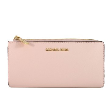 MICHAEL KORS JET SET TRAVEL 金字LOGO防刮皮革裸膚粉色L型拉鍊長夾