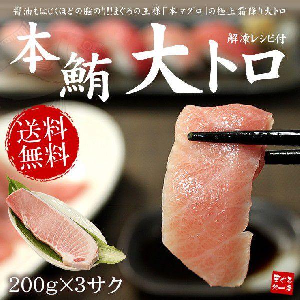 本マグロ大トロ600g（200g×3サク）送料無料 解凍レシピ付 刺身 海鮮 食べ物〈bf1〉《pbt-bf1》yd9[[本鮪大トロ-3p]