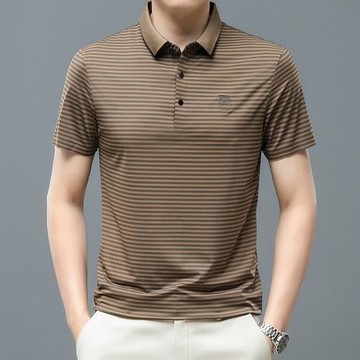 夏季休閑冰絲短袖t恤男士翻領條紋無痕速干衣潮流男裝半袖polo衫