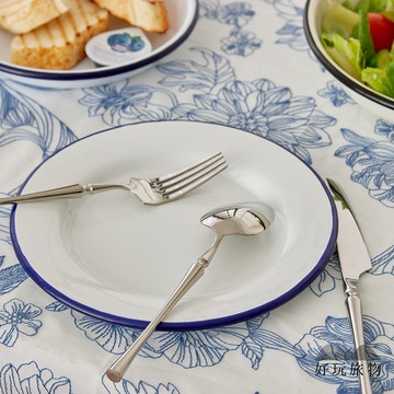 【好玩旅物】露營碗盤 白色藍邊琺瑯瓷淺盤(21x1.5cm)