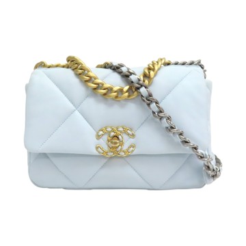 CHANEL 香奈兒 藍色 菱格紋 羊皮 Chanel 19 肩背包 金釦 AS1160 【二手名牌BRAND OFF】