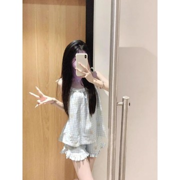 DUYI~夢詩 睡衣女日系格子小熊吊帶春夏季卡通甜美可愛短褲外穿家居服套裝