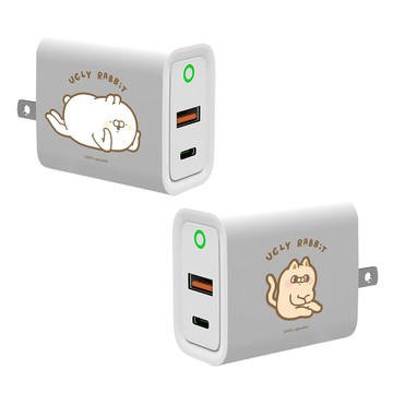 【插畫家聯名】醜白兔阿醜與貓USB3.0+PD20W雙孔充電器