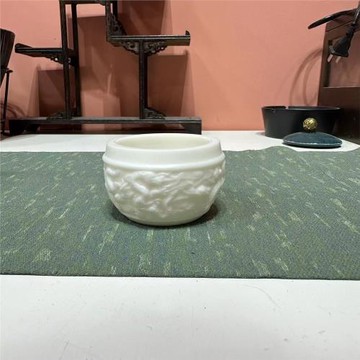 慢城 茶杯 白瓷 陶瓷 手工羊脂玉瓷素燒浮雕龍紋主人杯  2763