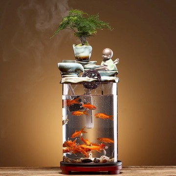 中式招財噴泉霧化加濕玻璃魚缸客廳水循環小和尚家居桌面流水擺件