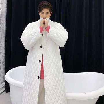 韓國chic秋冬白色菱形格棉服男慵懶風寬松中長款oversize系帶外套