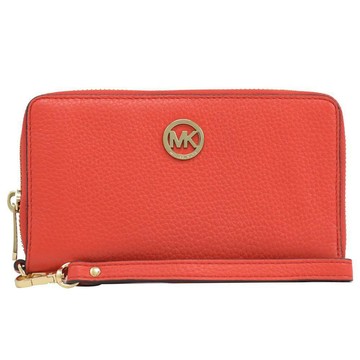 MICHAEL KORS 圓形金LOGO荔枝皮革手提式拉鍊中長夾.紅