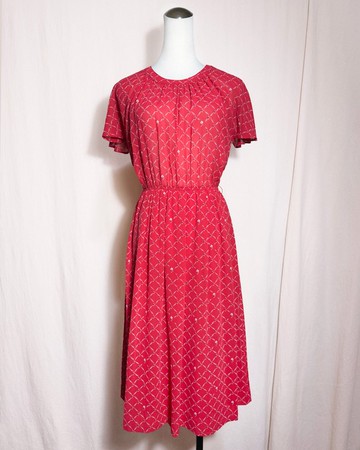 紅色格紋圖騰短袖古著洋裝/ 國外帶回 VINTAGE