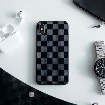智能手機殼 iPhone 限定後殼 [意大利皮革 - 方格 -] 皮革格紋黑IH01K