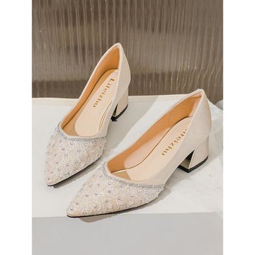 新法式高跟鞋粗跟單鞋女水鉆晚晚大碼4143復古旗袍新娘鞋伴娘婚鞋