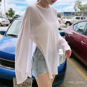 【限時特賣】 長袖上衣 長袖T恤 辣妹上衣 女生上衣 夏季ins小眾設計感上衣時尚開叉寬鬆薄款長袖T恤女防曬罩衫外搭潮