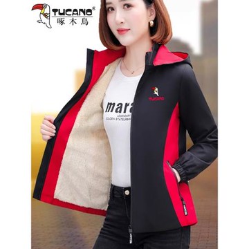 啄木鳥加絨加厚短外套女秋冬2025冬季新款洋氣短款媽媽紅夾克冬天