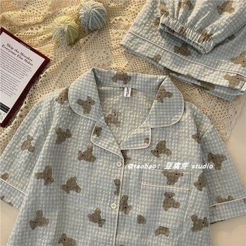 格子睡衣女夏季新款ins網紅純棉短袖短褲學生甜美可愛家居服套裝