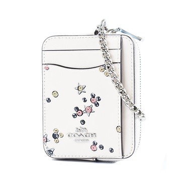 COACH 亮粉星光滑面皮革鍊帶證件零錢包-白色