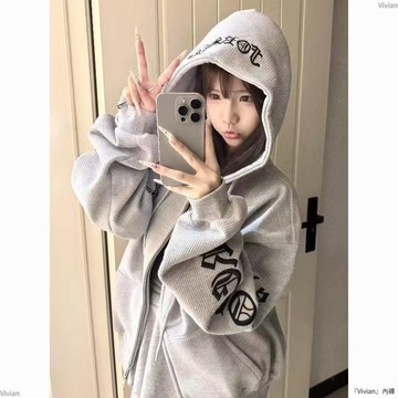 華夫格 刺繡字母開衫衛衣女美式歐美風大碼寬鬆學生時尚外套